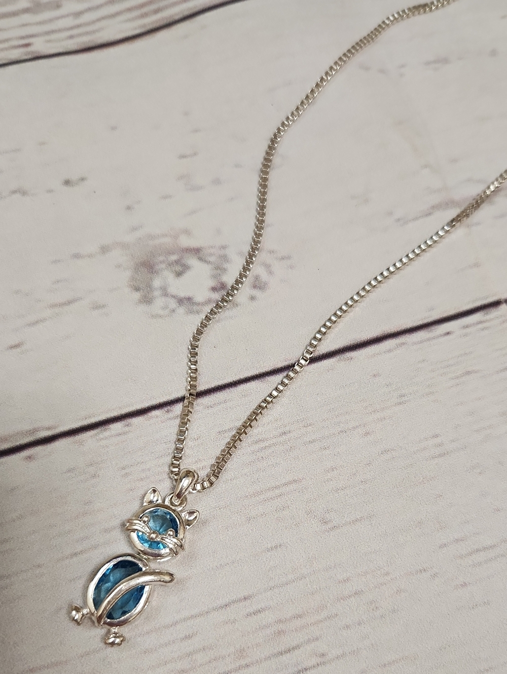 Silver Cat Pendant Necklace with Blue Stones - Women's Jewelry